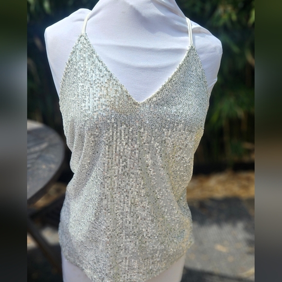 V-Neck Spaghetti Strap Silver Sequin Camisole Tank Top Lined Size M - Picture 1 of 7